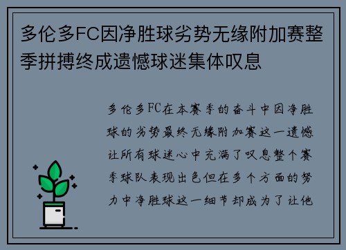 多伦多FC因净胜球劣势无缘附加赛整季拼搏终成遗憾球迷集体叹息
